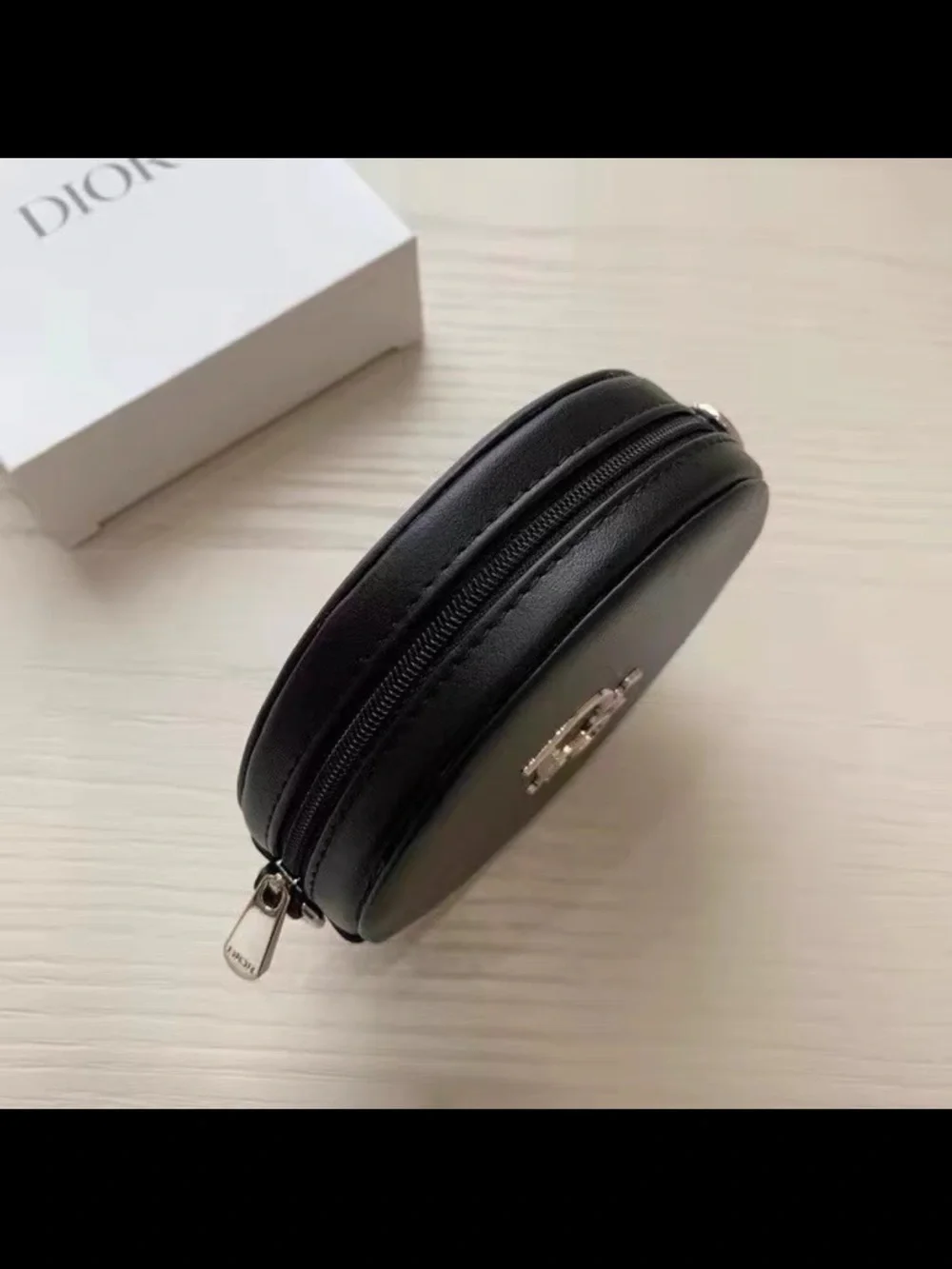 Dior Black Mini Round Cosmetic Crossbody Bag with Silver Chain